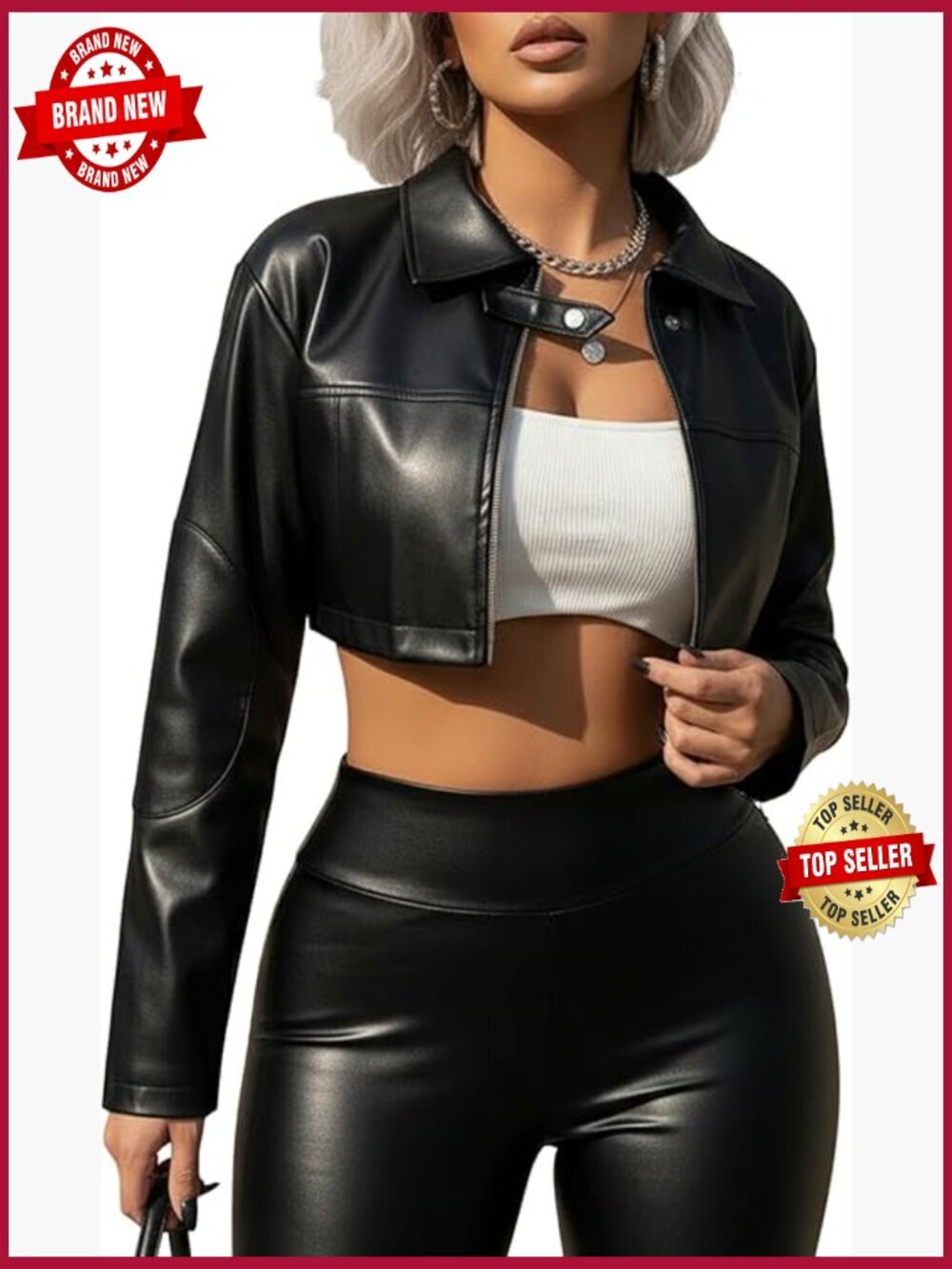 Cropped Pu Leather Motorcycle Jacket Zip Up Collared Streetwear Y2K